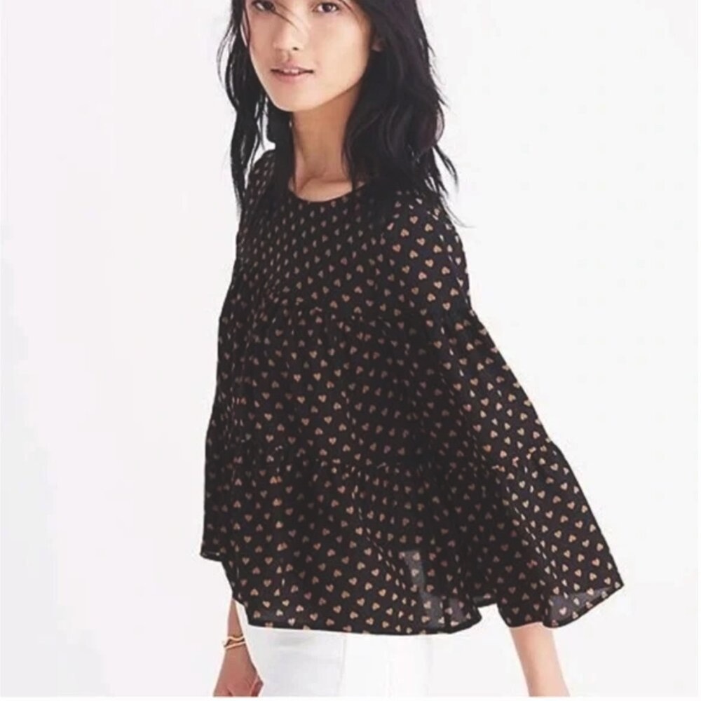 Madewell 100% Silk Tiered Blouse Top Hearts Brown Tan Oversized XXS / XS